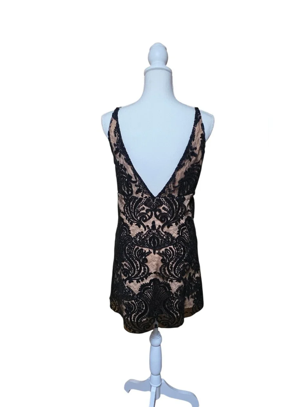 Free People Black Lace Mini Dress Size 6 Nude Illusion Deep V Boho Romantic